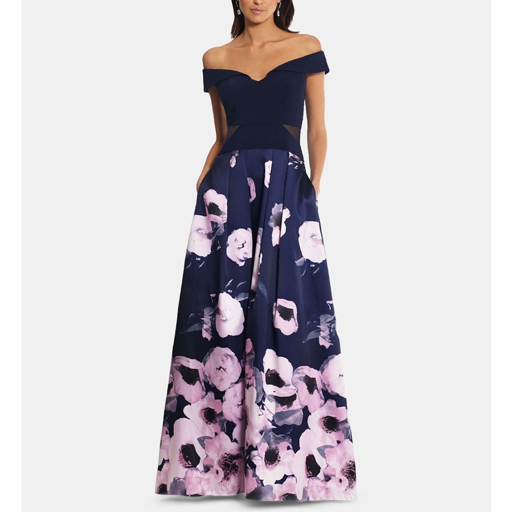 Xscape Off-the-shoulder Floral Print Gown